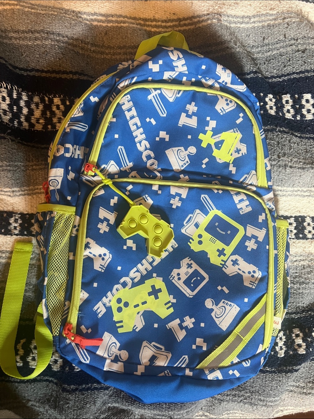 Cat and Jack Blue Video Game Print Kids Backpack with Neon Green Accents